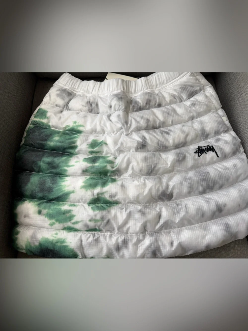 Nike x Stussy White Puffer Mini Skirt with Green Tie-Dye Accent: Size M
